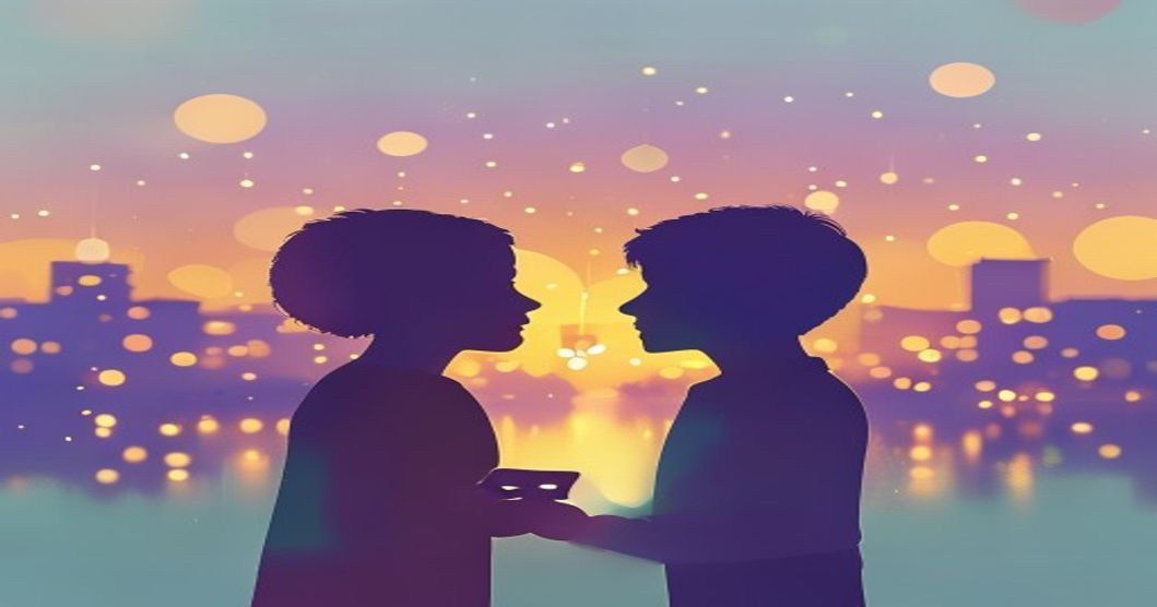Two silhouettes in a warm voice conversation at dusk, representing voice chat with a stranger